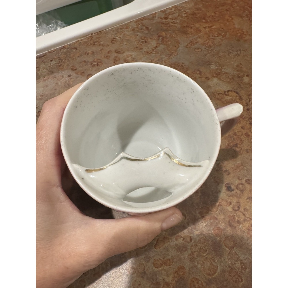 Antique German Porcelain Mustache Cup Pink Floral Raised HUSBAND Victorian As Is - Picture 10 of 10